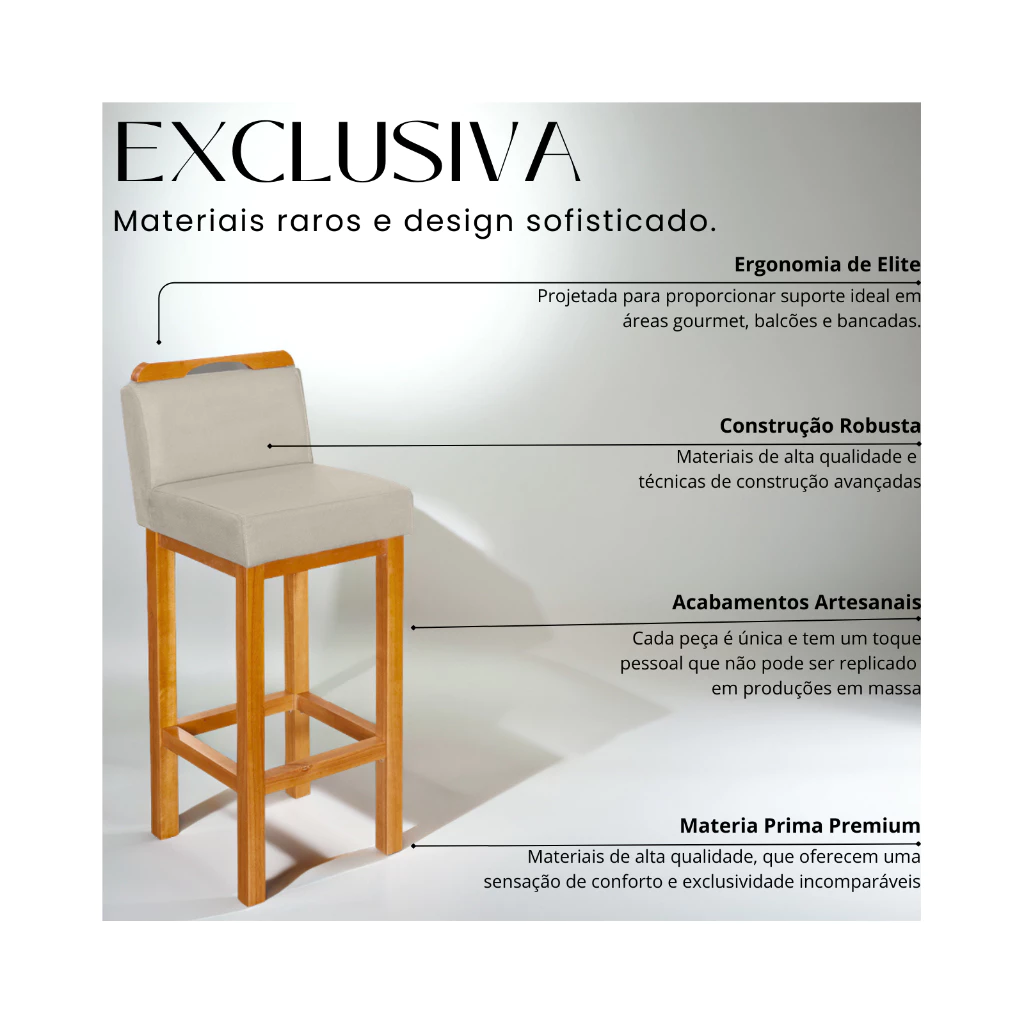 Banqueta Alta Madeira Maciça Encosto Estofado 75cm - Mr Estofados - Imagem 4